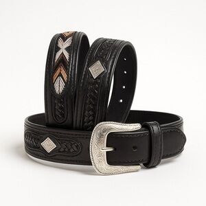 Black Leather Belt with Intricate Silver Buckle